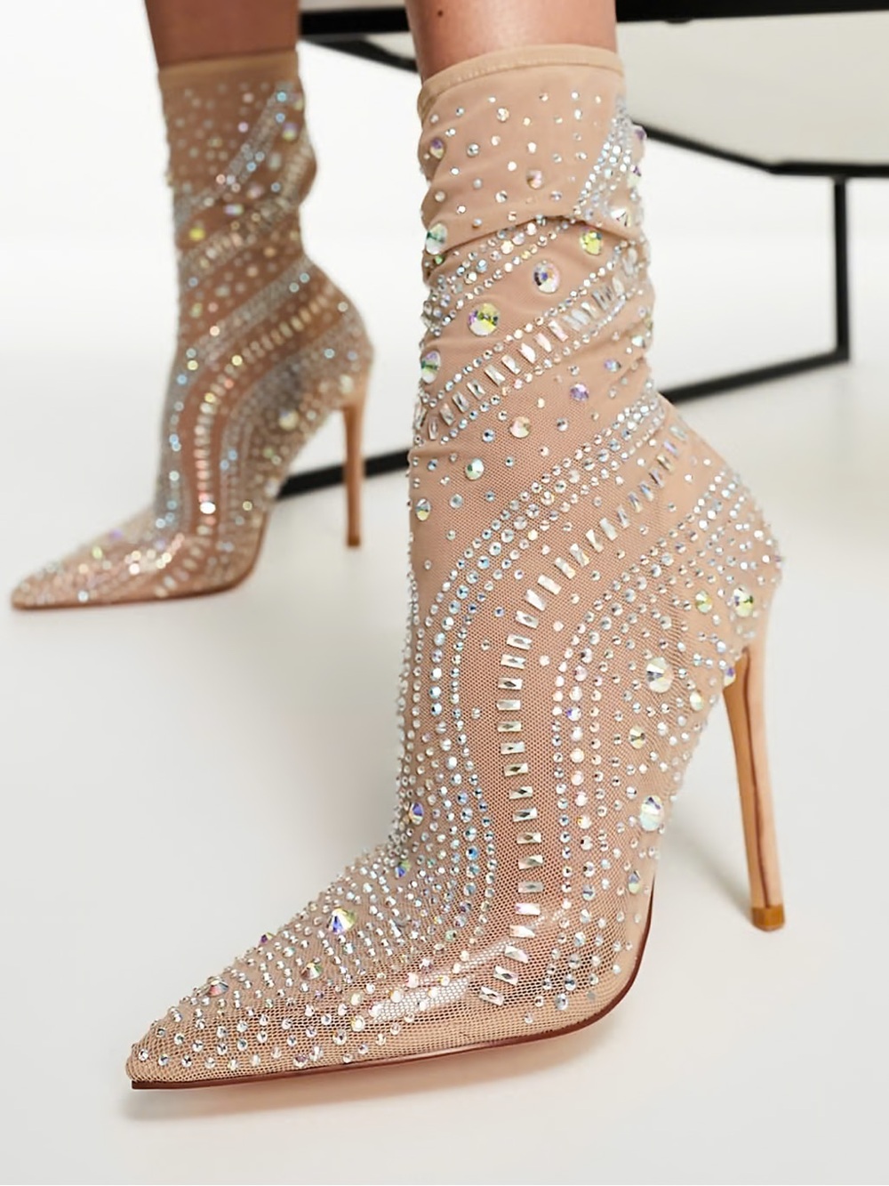 Crystal-Embellished Nude Sock Ankle Boots